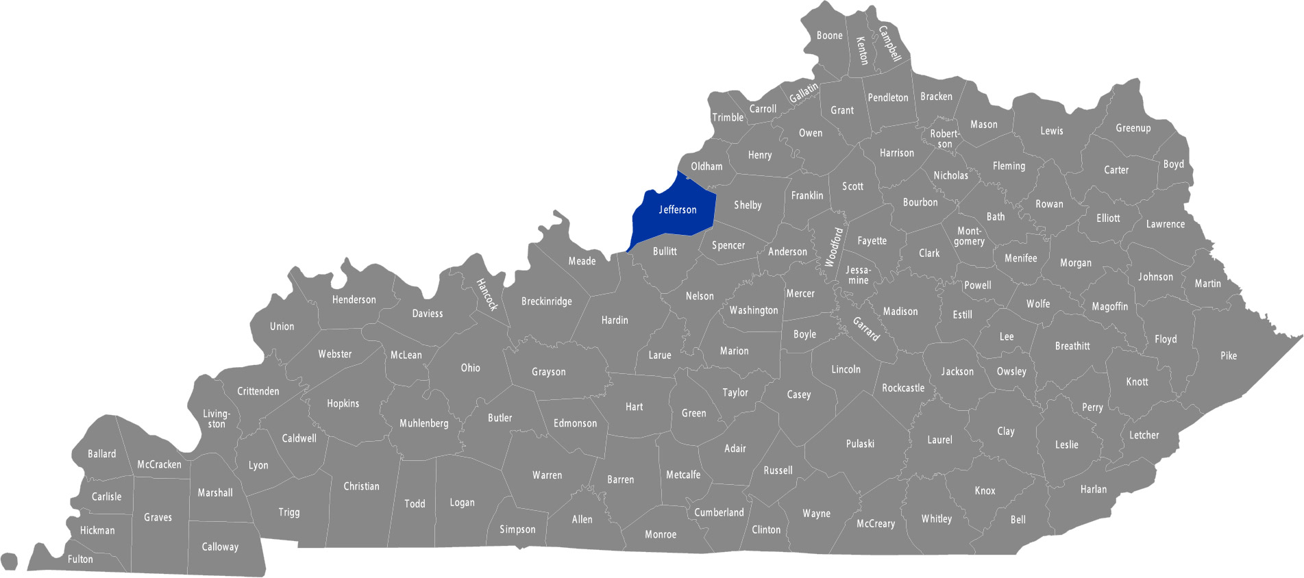 Kentucky map with jefferson county highlighted in blue